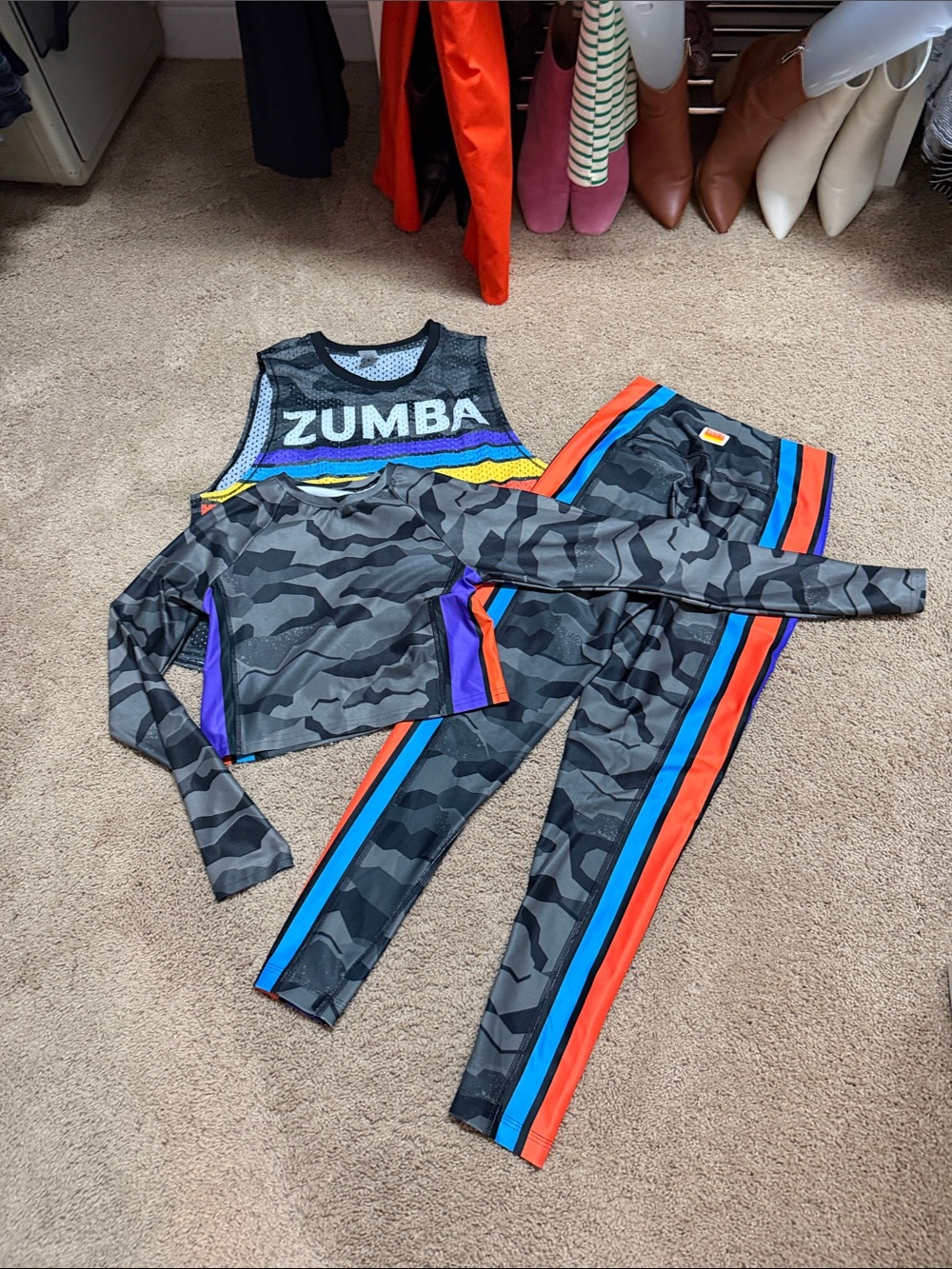Zumba Fitness Black Camo Leggings & Crop Top Set with Blue & Orange Stripes